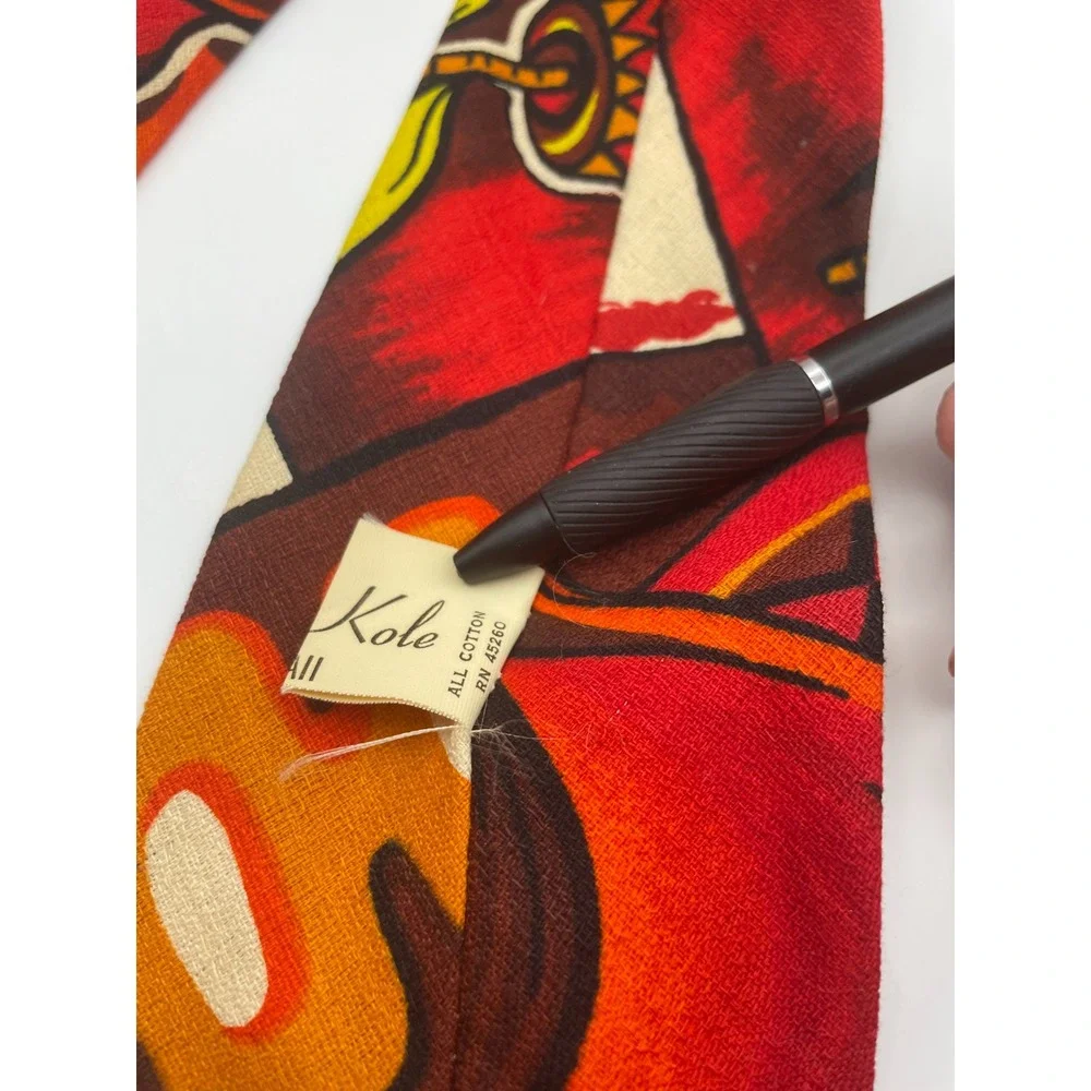 Vintage Kole Hawaii Mens Cotton Barkcloth Tie Red Orange Abstract Tiki Retro